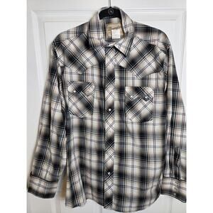Wrangler Shirt Mens Large Beige Black Plaid Western Snap Pockets Long Sleeve